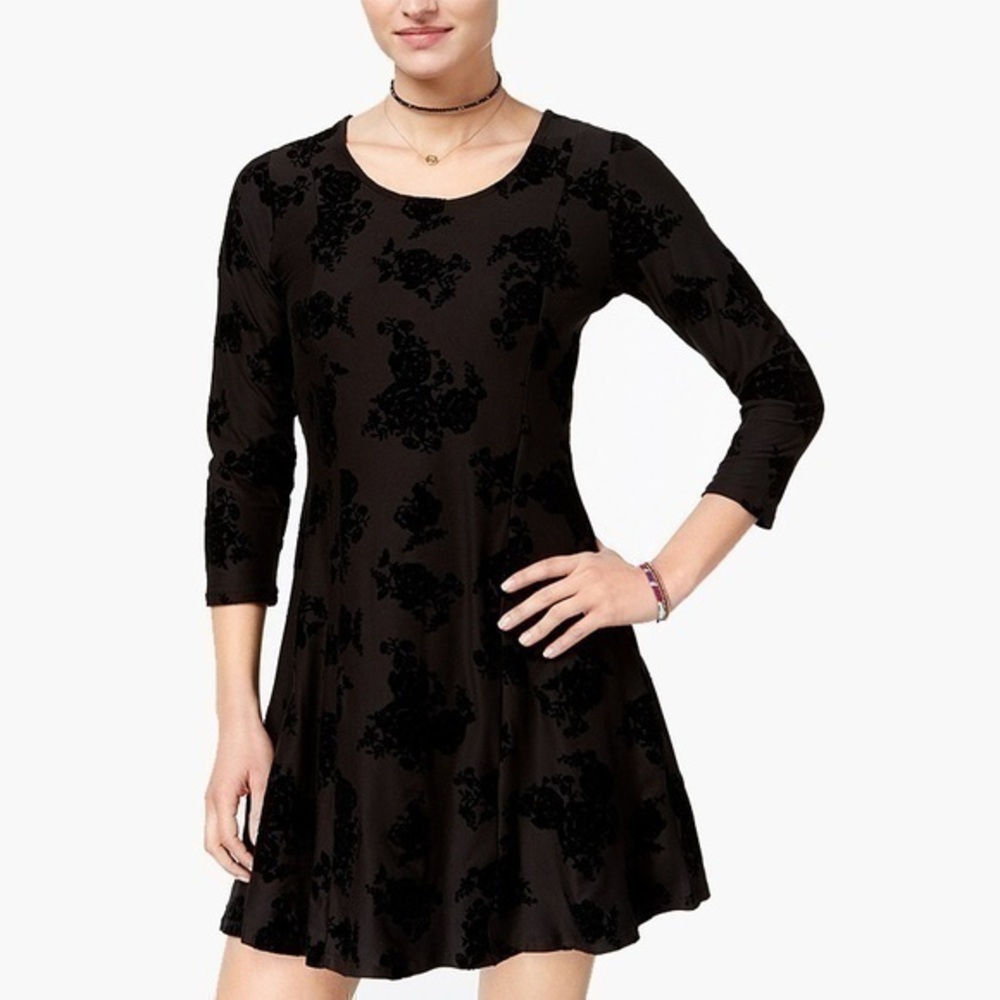 PLANET GOLD JUNIORS FLOCKED FIT FLARE DRESS BLACK